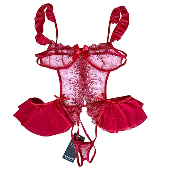 Red Lace One Piece Lingerie W/ Bows & Embroidery  NEW - Picture 1 of 6
